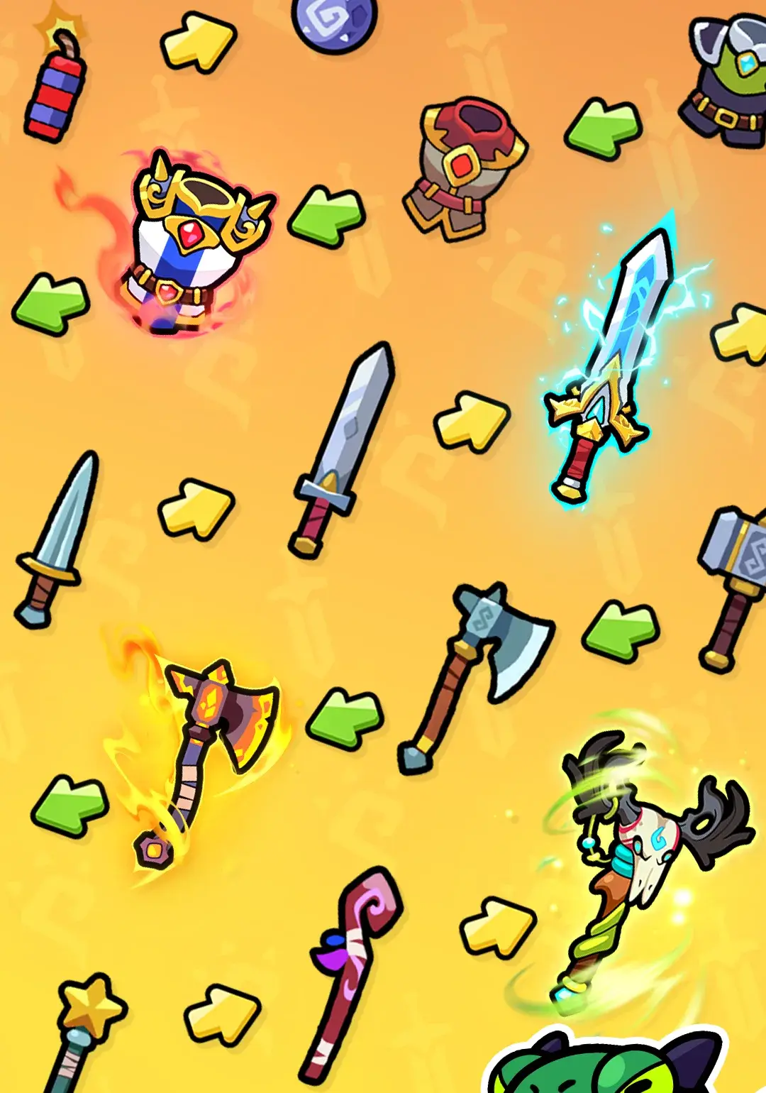 Weapons and armor upgrading from plain to legendary: a crown, swords, axes and a flaming hatchet
