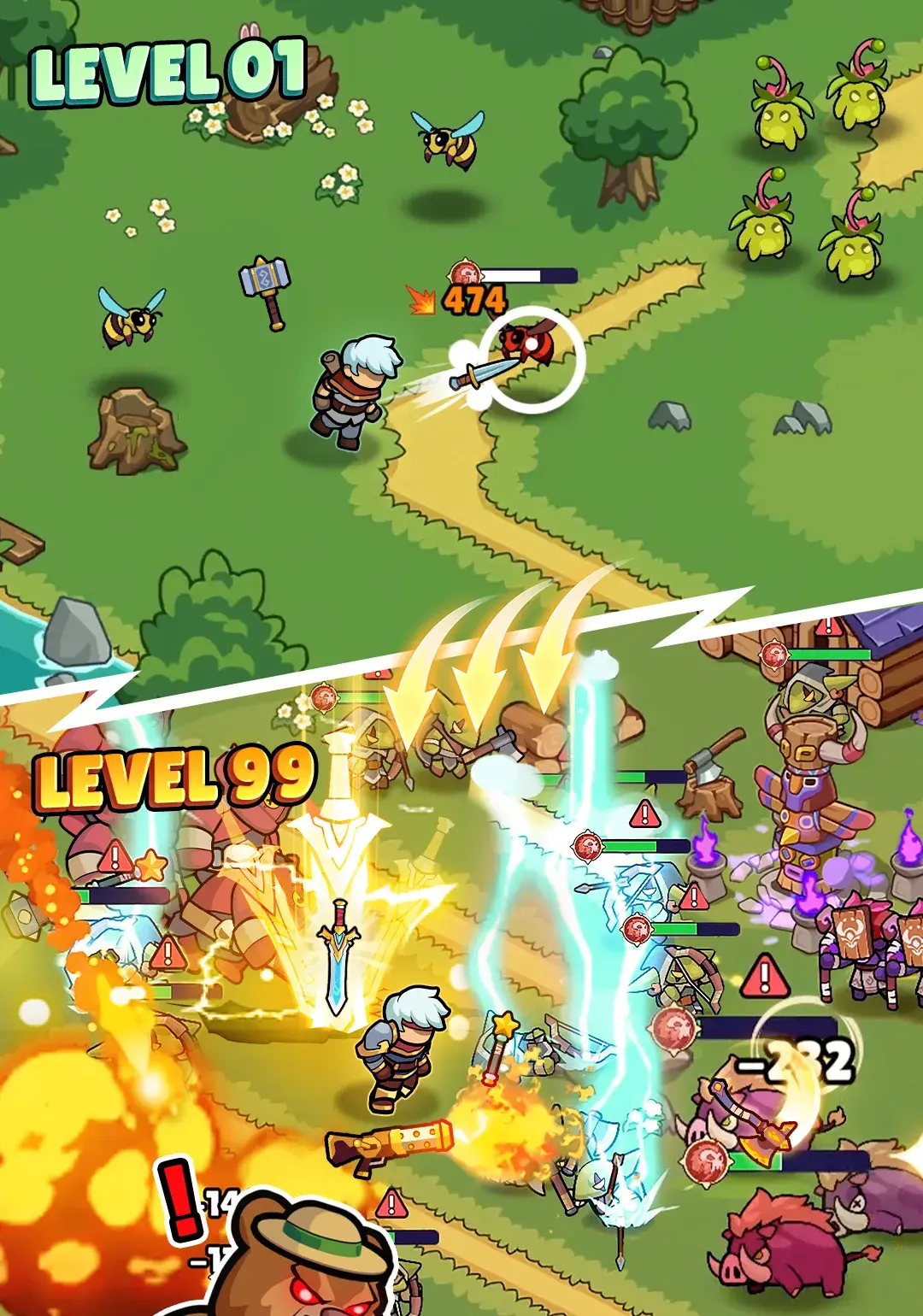 Level 1 in sunny grasslands compared with Level 99, where lightning and fire fill the battlefield