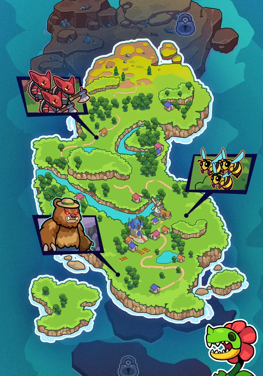 The world map: a green island kingdom with locked regions and monsters marking each zone